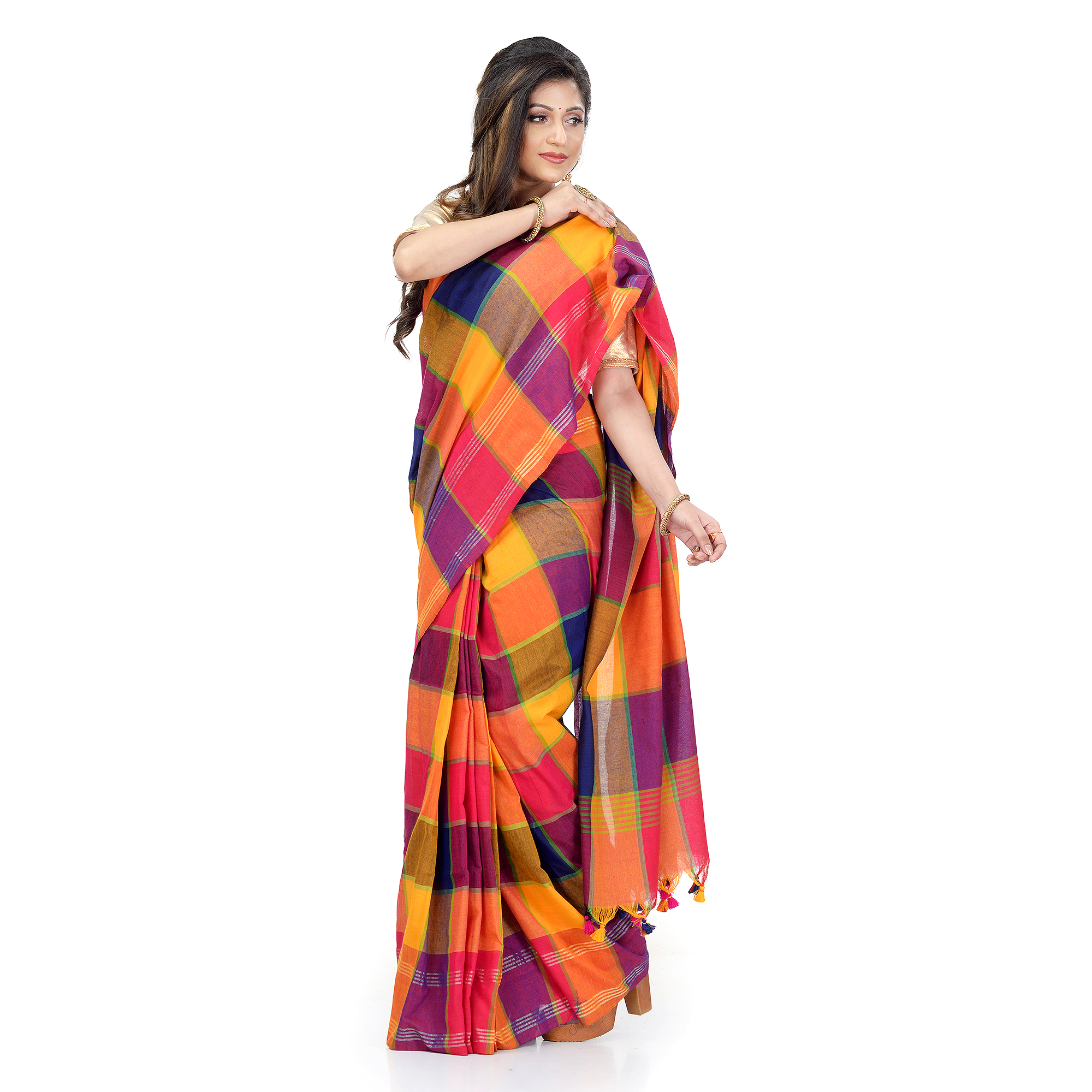DESH BIDESH Women`s Traditional Bengali Tant Handloom Pure Cotton Saree Checked Desigined With Blouse Piece (Yellow Multicolor)